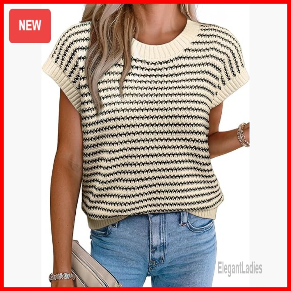 Lightweight Sweater Vest Striped Pullover Tank Top Round Neck Cap Sleeve